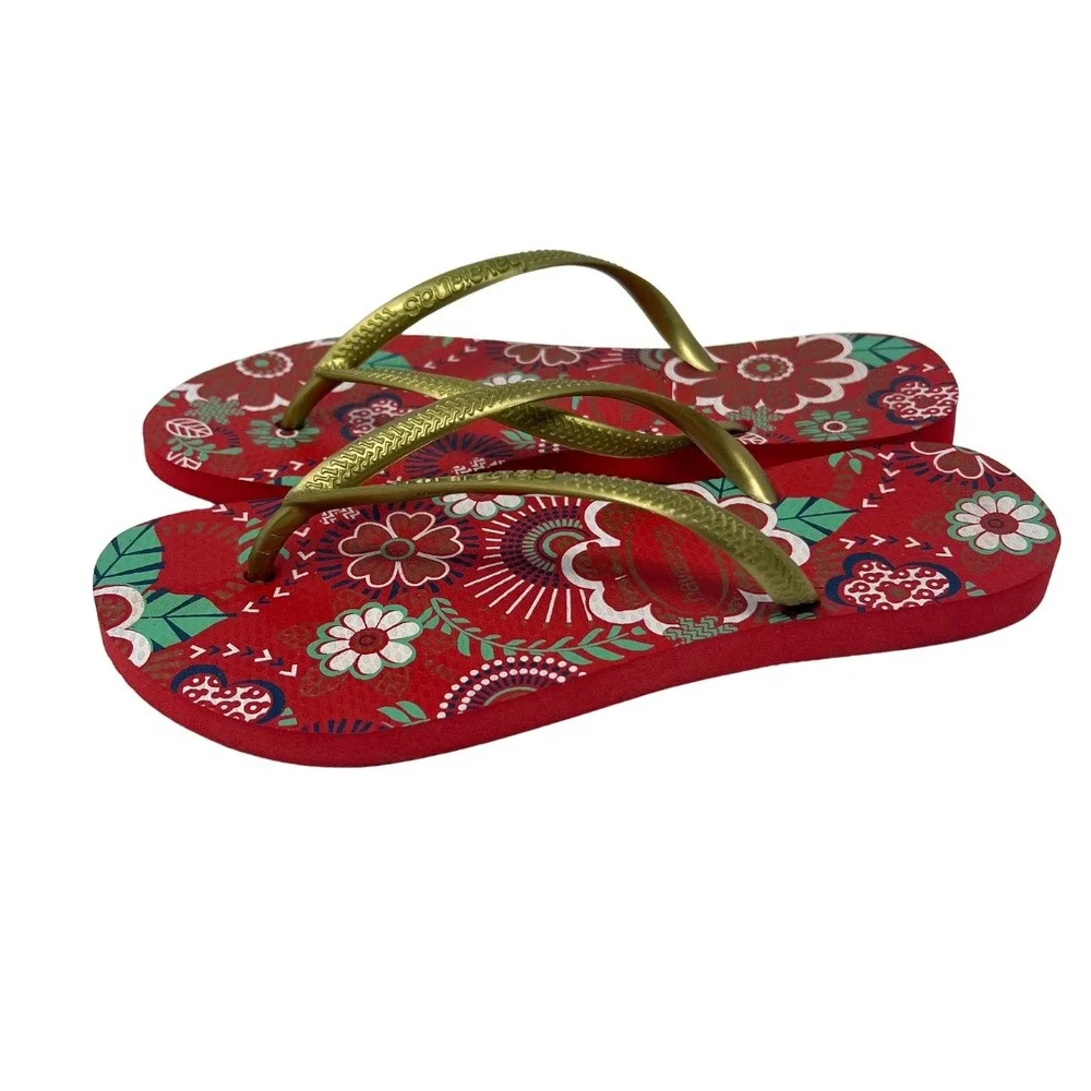 Havaianas Slim Flip Flops Women's US 6 EU 39/40 Red Floral‎ Gold Straps